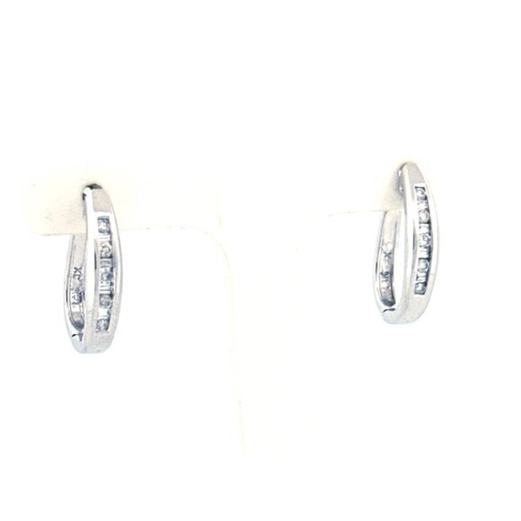 Estate 14k White Gold Channel Set Diamond Hoop Earrings, Small Size Hinged Snap - Picture 3 of 15